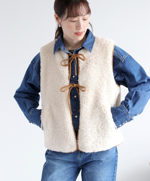 cepo（セポ）の「ボアパイピングリボンベスト（ブルゾン・レディース・チャコール/ベージュ/オフホワイト・M）」の10枚目の写真