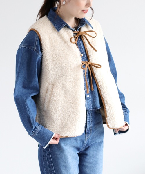 cepo（セポ）の「ボアパイピングリボンベスト（ブルゾン・レディース・チャコール/ベージュ/オフホワイト・M）」の13枚目の写真