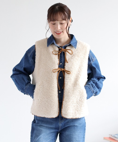 cepo（セポ）の「ボアパイピングリボンベスト（ブルゾン・レディース・チャコール/ベージュ/オフホワイト・M）」の16枚目の写真