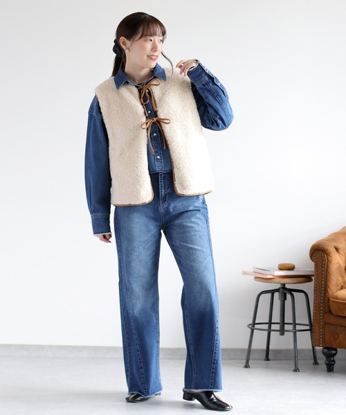 cepo（セポ）の「ボアパイピングリボンベスト（ブルゾン・レディース・チャコール/ベージュ/オフホワイト・M）」の8枚目の写真