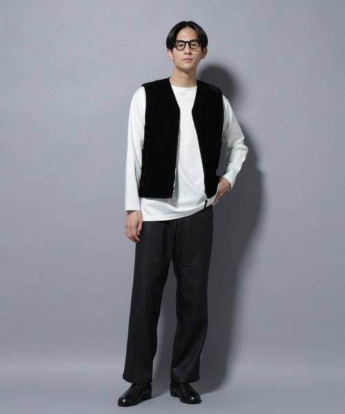 ヴィンテージライクフェイクレザー ダブルニーテーパードパンツ