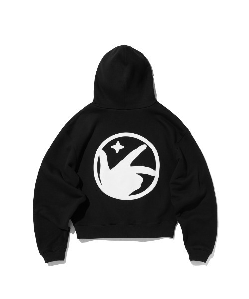 A'GEM/9 × .kom 『KEYMISERY/キーミザリー』 FINGER KEYMISERY LOGO CROP HOODIE/フィンガーロゴデザイン クロップ/短丈 プルオーバーパーカー