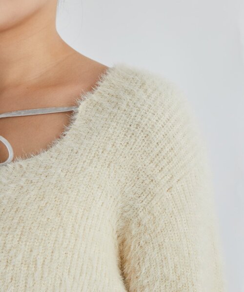 La boutique BonBon(ラブティックボンボン)の「【今すぐお届け!・最強モテニット】フェザーヤーン片畦リボンカーディガン(カーディガン/ボレロ・レディース・アイボリー/チャコールグレー/ピンク・FREE)」の8枚目の写真