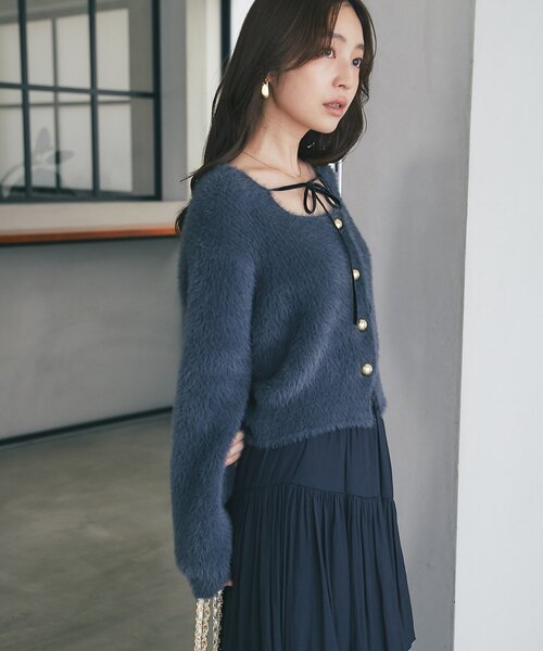 最強モテニット】フェザーヤーン片畦リボンカーディガン
