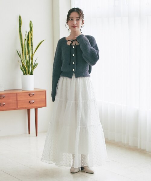 最強モテニット】フェザーヤーン片畦リボンカーディガン