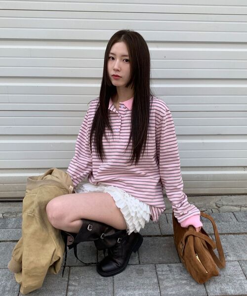 PARTIMENTO WOMEN（パルティメントウィメン）の「ストライプロングスリーブポロTシャツ_サーモン（ポロシャツ・レディース・その他・OS）」の9枚目の写真