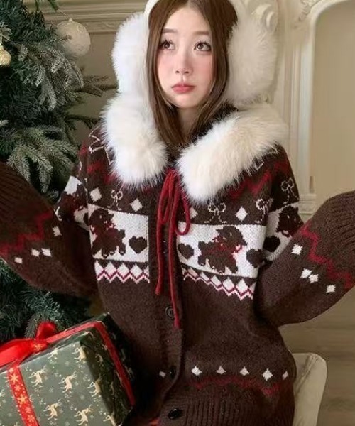 Sibra(シブラ)の「レッグウォーマーセット クリスマスお正月おすすめ 着脱可能ファーフード ノルディック柄フーディカーデ 冬から春先まで活躍(カーディガン/ボレロ・レディース・ブラウン/グレー・M)」の2枚目の写真