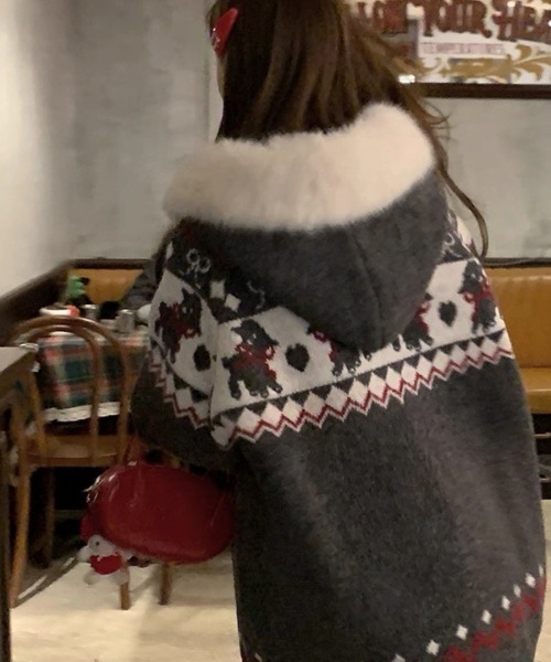 Sibra(シブラ)の「レッグウォーマーセット クリスマスお正月おすすめ 着脱可能ファーフード ノルディック柄フーディカーデ 冬から春先まで活躍(カーディガン/ボレロ・レディース・ブラウン/グレー・M)」の9枚目の写真