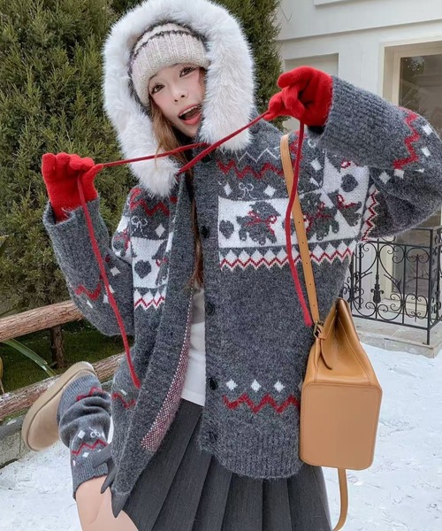 Sibra(シブラ)の「レッグウォーマーセット クリスマスお正月おすすめ 着脱可能ファーフード ノルディック柄フーディカーデ 冬から春先まで活躍(カーディガン/ボレロ・レディース・ブラウン/グレー・M)」の12枚目の写真
