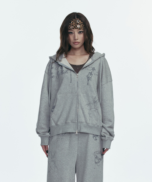 セール】TATTOOED GRAPHIC HOOD ZIP-UP_GREY（パーカー）｜GILAARCHIVE