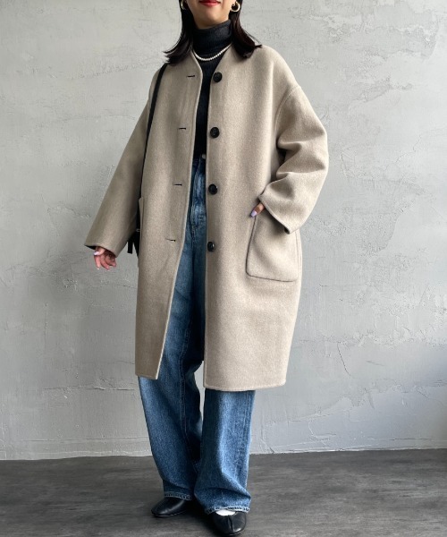LE GLAZIK ベージュ ノーカラーコート ステンカラーコート セール】[LE GLAZIK/ル グラジック] リバーシブル ノーカラーウール