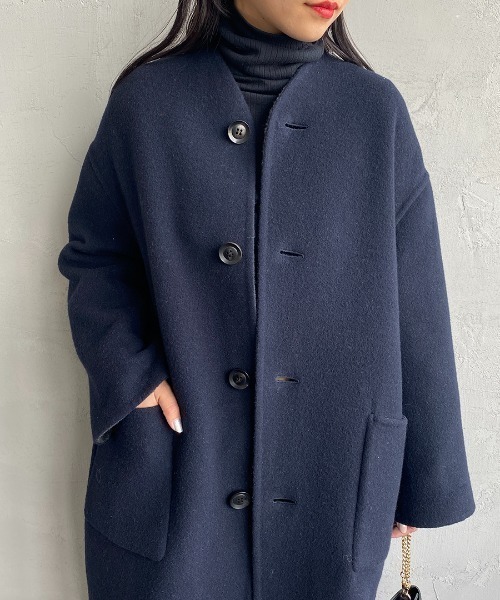 東京ソワール リバーシブルウールコート ノーカラー ブラック ネイビー M セール】 ウールリバー ストール付きノーカラーコート （その他