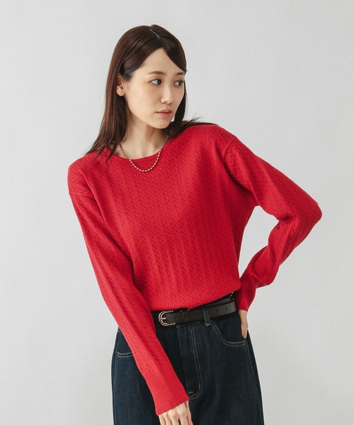 希少✨美品✨近年45R フロート縮絨 ウール バスクシャツ　ニット セーター　赤 セール】洗えるケーブルプルオーバー/606611（ニット/セーター