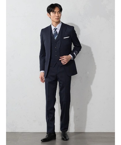 ベスト付き】スリーピーススーツ シャドウストライプ ネイビー（スーツ