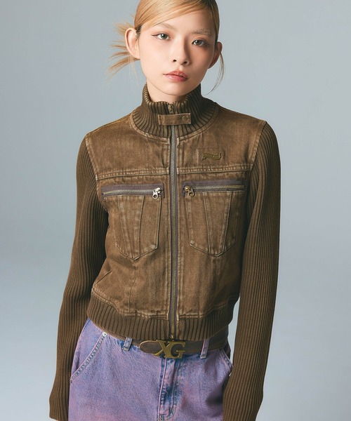 X-girl（エックスガール）の「FADED RIBBED SLEEVE JACKET（ブルゾン・レディース・ブラック/ブラウン/ネイビー・S/M）」の3枚目の写真
