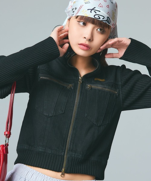 X-girl（エックスガール）の「FADED RIBBED SLEEVE JACKET（ブルゾン・レディース・ブラック/ブラウン/ネイビー・S/M）」の2枚目の写真