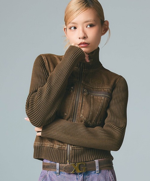 X-girl（エックスガール）の「FADED RIBBED SLEEVE JACKET（ブルゾン・レディース・ブラック/ブラウン/ネイビー・S/M）」の5枚目の写真
