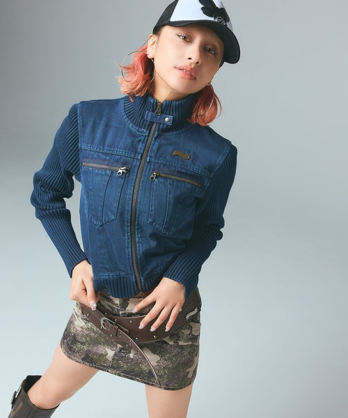 X-girl（エックスガール）の「FADED RIBBED SLEEVE JACKET（ブルゾン・レディース・ブラック/ブラウン/ネイビー・S/M）」の6枚目の写真