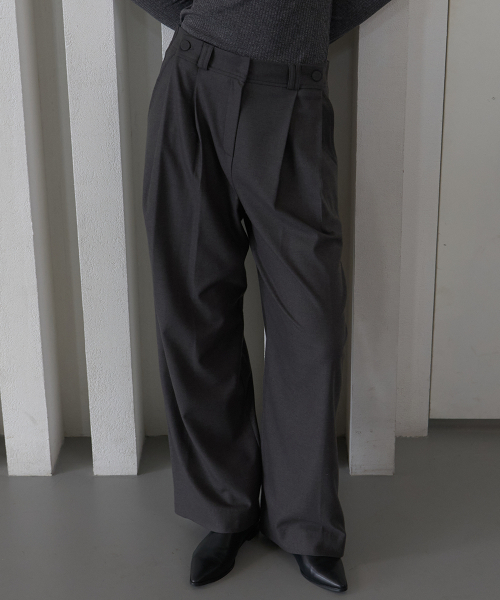320SHOWROOM(320ショールーム)の「Wool Blend Side Button Pintuck Elastic Pants Charcoal(スラックス・レディース・チャコール・SMALL)」の1枚目の写真