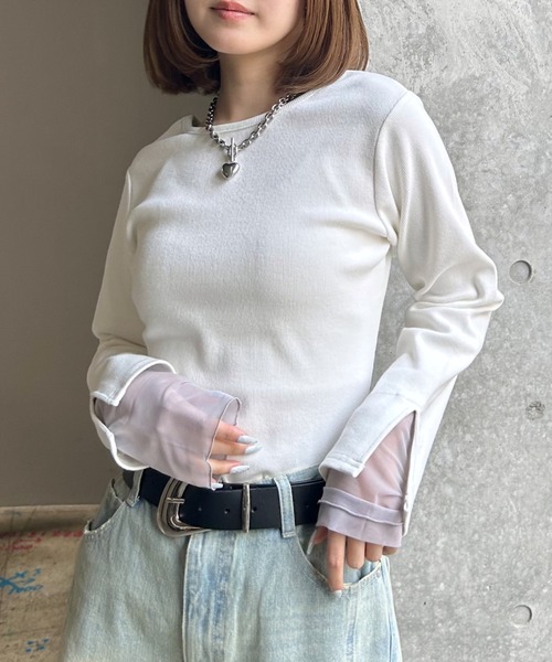 PAGEBOY（ページボーイ）の「ヴィンテージテレコレイヤードスリーブ【前後２WAY仕様】（Tシャツ/カットソー・レディース・オフホワイト/チャコール/ホワイト系その他/イエロー・FREE）」の2枚目の写真