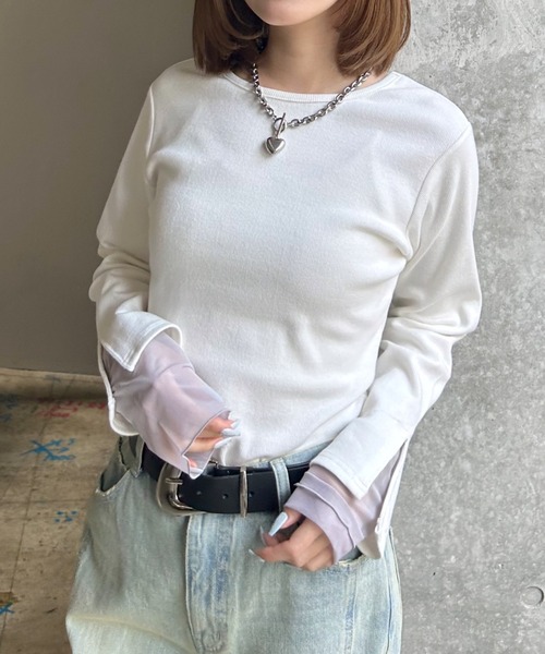 PAGEBOY（ページボーイ）の「ヴィンテージテレコレイヤードスリーブ【前後２WAY仕様】（Tシャツ/カットソー・レディース・オフホワイト/チャコール/ホワイト系その他/イエロー・FREE）」の5枚目の写真