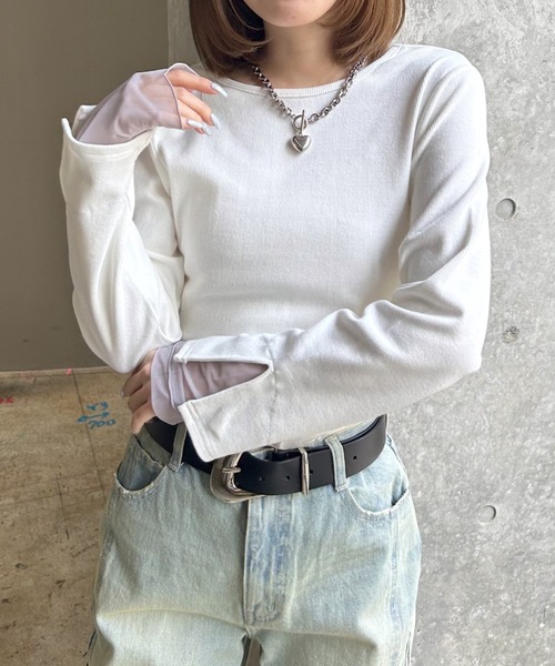 PAGEBOY（ページボーイ）の「ヴィンテージテレコレイヤードスリーブ【前後２WAY仕様】（Tシャツ/カットソー・レディース・オフホワイト/チャコール/ホワイト系その他/イエロー・FREE）」の6枚目の写真