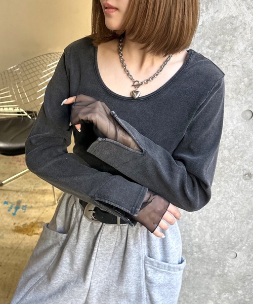 PAGEBOY（ページボーイ）の「ヴィンテージテレコレイヤードスリーブ【前後２WAY仕様】（Tシャツ/カットソー・レディース・オフホワイト/チャコール/ホワイト系その他/イエロー・FREE）」の12枚目の写真