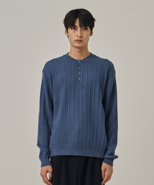 ANALOG MOOD(アナログムード)の「ウォッシャブルケーブルヘンリーネックニットTシャツ(ブルー)(ニット/セーター・メンズ・その他・FREE)」の2枚目の写真