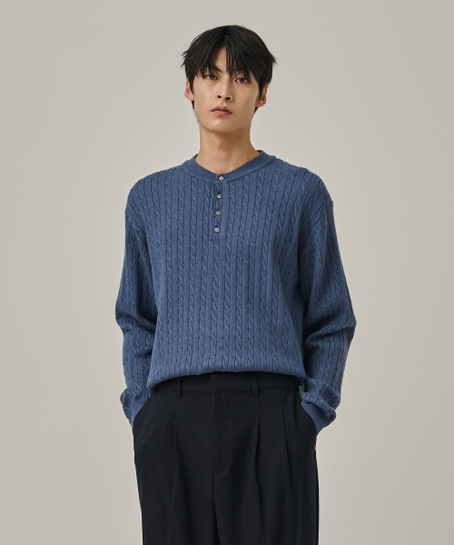 ANALOG MOOD(アナログムード)の「ウォッシャブルケーブルヘンリーネックニットTシャツ(ブルー)(ニット/セーター・メンズ・その他・FREE)」の3枚目の写真