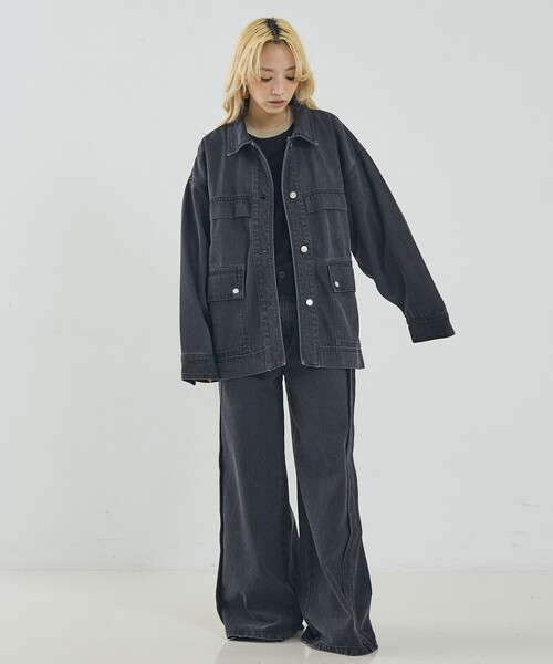NOMINE（ノミネ）の「【セットアップ対応】オーバーサイズ デニム ジャケット / カバーオール（デニムジャケット・レディース・ブルー/チャコールグレー・フリー）」の3枚目の写真
