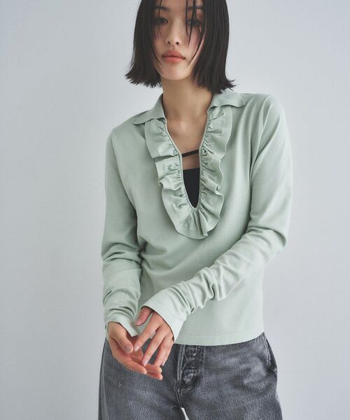 CODE A(コードエー)の「frill knit(ニット/セーター・レディース・ライトグリーン/オフホワイト/グレー・00)」の3枚目の写真