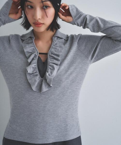 CODE A(コードエー)の「frill knit(ニット/セーター・レディース・ライトグリーン/オフホワイト/グレー・00)」の4枚目の写真