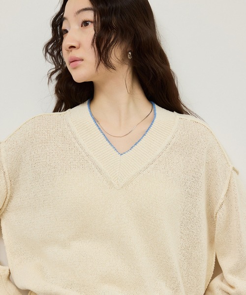 ADAM ET ROPE'（アダムエロペ）の「ペーパーヤーンプルオーバー（ニット/セーター・レディース・オフホワイト/ブラック/ピンク・FREE）」の4枚目の写真