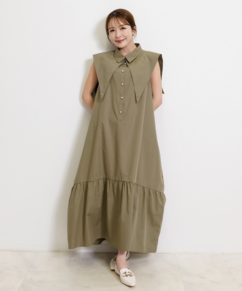 CHhdmn（シーエイチヒデモン）の「ビッグセーラーカラー ティアードワンピース ノースリーブ 2WAY/袖なし（ワンピース・レディース・グレイッシュベージュ/ブラック/ネイビー・M/L）」の11枚目の写真