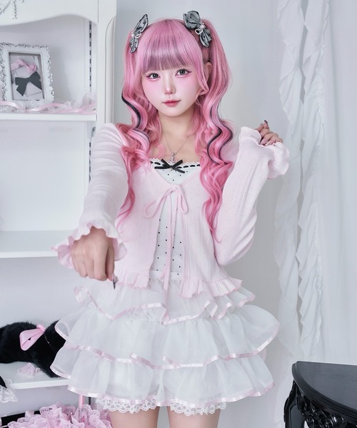 Magia Charm（マギアチャーム）の「リボンシアーカーディガン＆ドットキャミ　2点セット（カーディガン/ボレロ・レディース・ブラック/ピンク・F）」の2枚目の写真