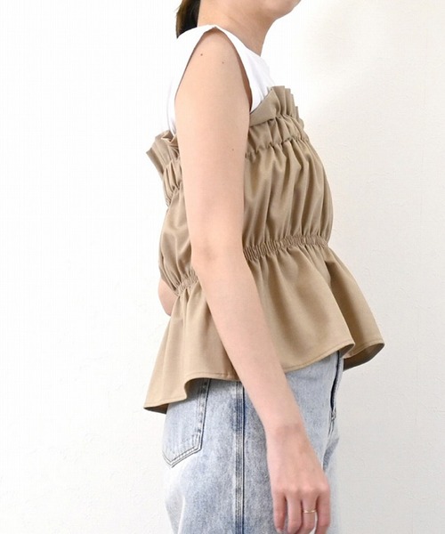 STYLEBLOCK（スタイルブロック）の「リネンタッチギャザーベアトップ（シャツ/ブラウス・レディース・グレー/ブラック/ベージュ/ネイビー・M）」の6枚目の写真