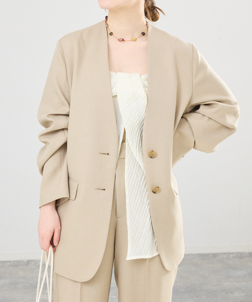 IENA(イエナ)の「《セットアップ対応》シャークツイードノーカラージャケット(ノーカラージャケット・レディース・ベージュ/ブラウン・36/38)」の3枚目の写真