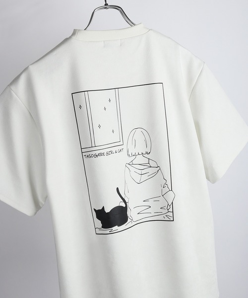 WESTSEA(ウエストシー)の「TASOGARE GIRL & CAT / 黄昏ガール バックプリント 猫 グラフィックTシャツ / ワンポイント刺繍 フェイクスエード 半袖Tシャツ(Tシャツ/カットソー・メンズ・ブラック/ホワイト系その他/ライトグレー/オフホワイト/グレー/ブラック系その他・L/M)」の3枚目の写真