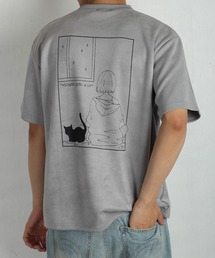 TASOGARE GIRL & CAT / 黄昏ガール バックプリント 猫 グラフィックTシャツ / ワンポイント刺繍 フェイクスエード 半袖Tシャツ