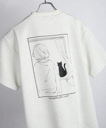 TASOGARE GIRL & CAT / 黄昏ガール バックプリント 猫 グラフィックTシャツ / ワンポイント刺繍 フェイクスエード 半袖Tシャツ
