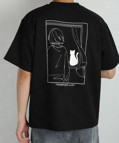 WESTSEA(ウエストシー)の「TASOGARE GIRL & CAT / 黄昏ガール バックプリント 猫 グラフィックTシャツ / ワンポイント刺繍 フェイクスエード 半袖Tシャツ(Tシャツ/カットソー・メンズ・ブラック/ホワイト系その他/ライトグレー/オフホワイト/グレー/ブラック系その他・L/M)」の4枚目の写真