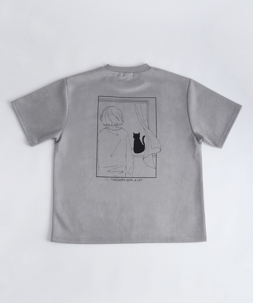 WESTSEA(ウエストシー)の「TASOGARE GIRL & CAT / 黄昏ガール バックプリント 猫 グラフィックTシャツ / ワンポイント刺繍 フェイクスエード 半袖Tシャツ(Tシャツ/カットソー・メンズ・ブラック/ホワイト系その他/ライトグレー/オフホワイト/グレー/ブラック系その他・L/M)」の9枚目の写真