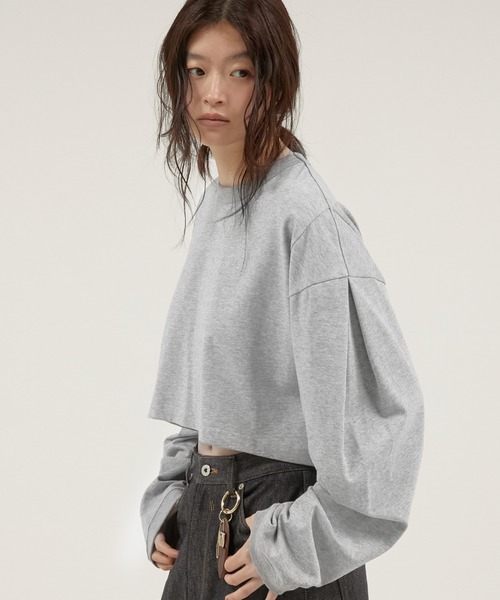 LA PEAU DE GEM(ラポドゥジェム)の「スリーブタッククロップドロングTシャツ クロップド丈カットソー / 【LA PEAU DE GEM】 sleeve tuck cropped long tee(Tシャツ/カットソー・レディース・ブラック/ホワイト/グレー/ブラウン/アイボリー・FREE)」の11枚目の写真