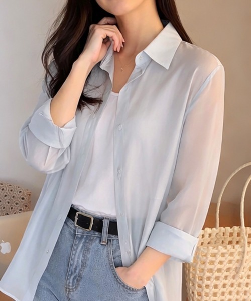 mielu(ミエル)の「バックスリットシアーシャツ(シャツ/ブラウス・レディース・ピンク/ブルー/ホワイト・MEDIUM/LARGE)」の4枚目の写真