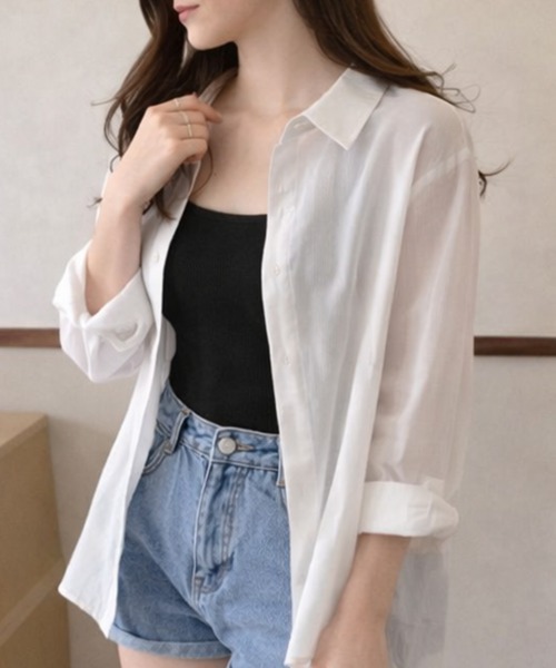 mielu(ミエル)の「バックスリットシアーシャツ(シャツ/ブラウス・レディース・ピンク/ブルー/ホワイト・MEDIUM/LARGE)」の6枚目の写真