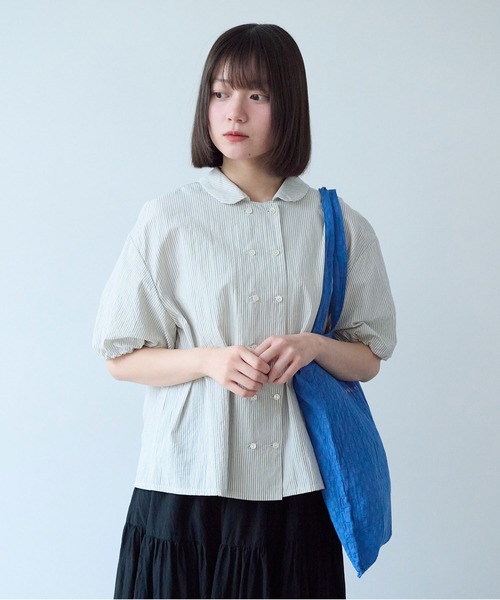 bulle de savon(ビュルデサボン)の「cord voil stripe 丸衿ブラウス(シャツ/ブラウス・レディース・ベージュ/ブルー・FREE)」の2枚目の写真