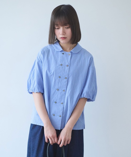 bulle de savon(ビュルデサボン)の「cord voil stripe 丸衿ブラウス(シャツ/ブラウス・レディース・ベージュ/ブルー・FREE)」の1枚目の写真