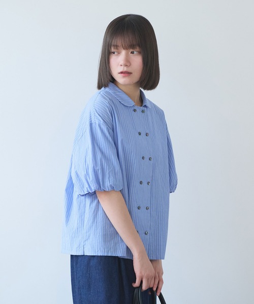 bulle de savon(ビュルデサボン)の「cord voil stripe 丸衿ブラウス(シャツ/ブラウス・レディース・ベージュ/ブルー・FREE)」の7枚目の写真