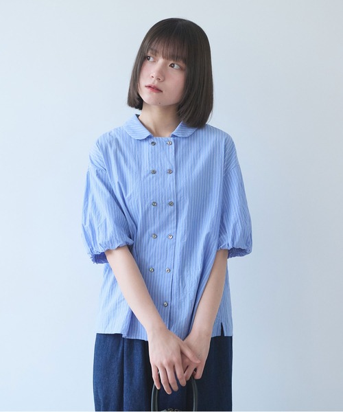 bulle de savon(ビュルデサボン)の「cord voil stripe 丸衿ブラウス(シャツ/ブラウス・レディース・ベージュ/ブルー・FREE)」の4枚目の写真