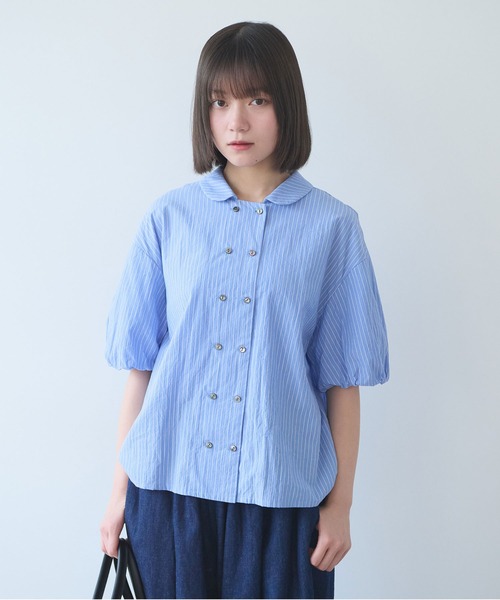 bulle de savon(ビュルデサボン)の「cord voil stripe 丸衿ブラウス(シャツ/ブラウス・レディース・ベージュ/ブルー・FREE)」の5枚目の写真